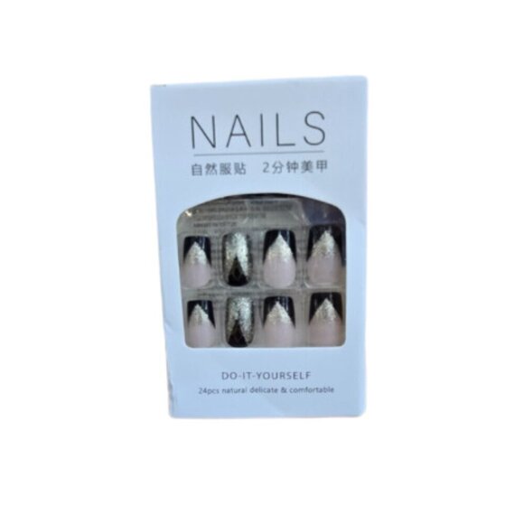 Press On Nails Square Light Nail Bed Black Silver Glitter NWT - Picture 1 of 3